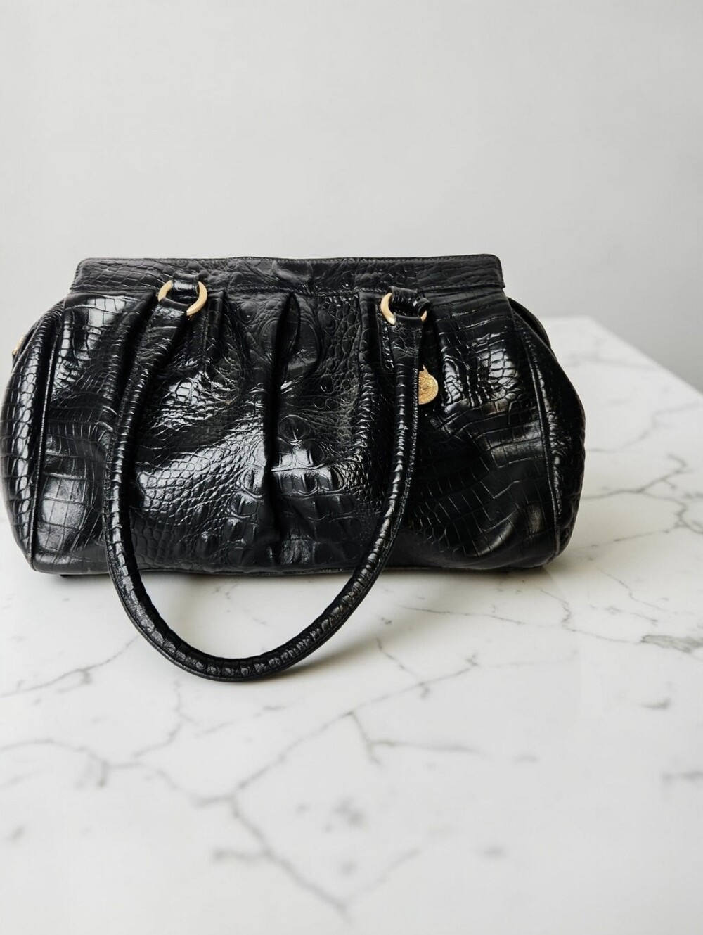 Brahmin Black Croc-Embossed Leather Shoulder Bag Satchel with Double Handles